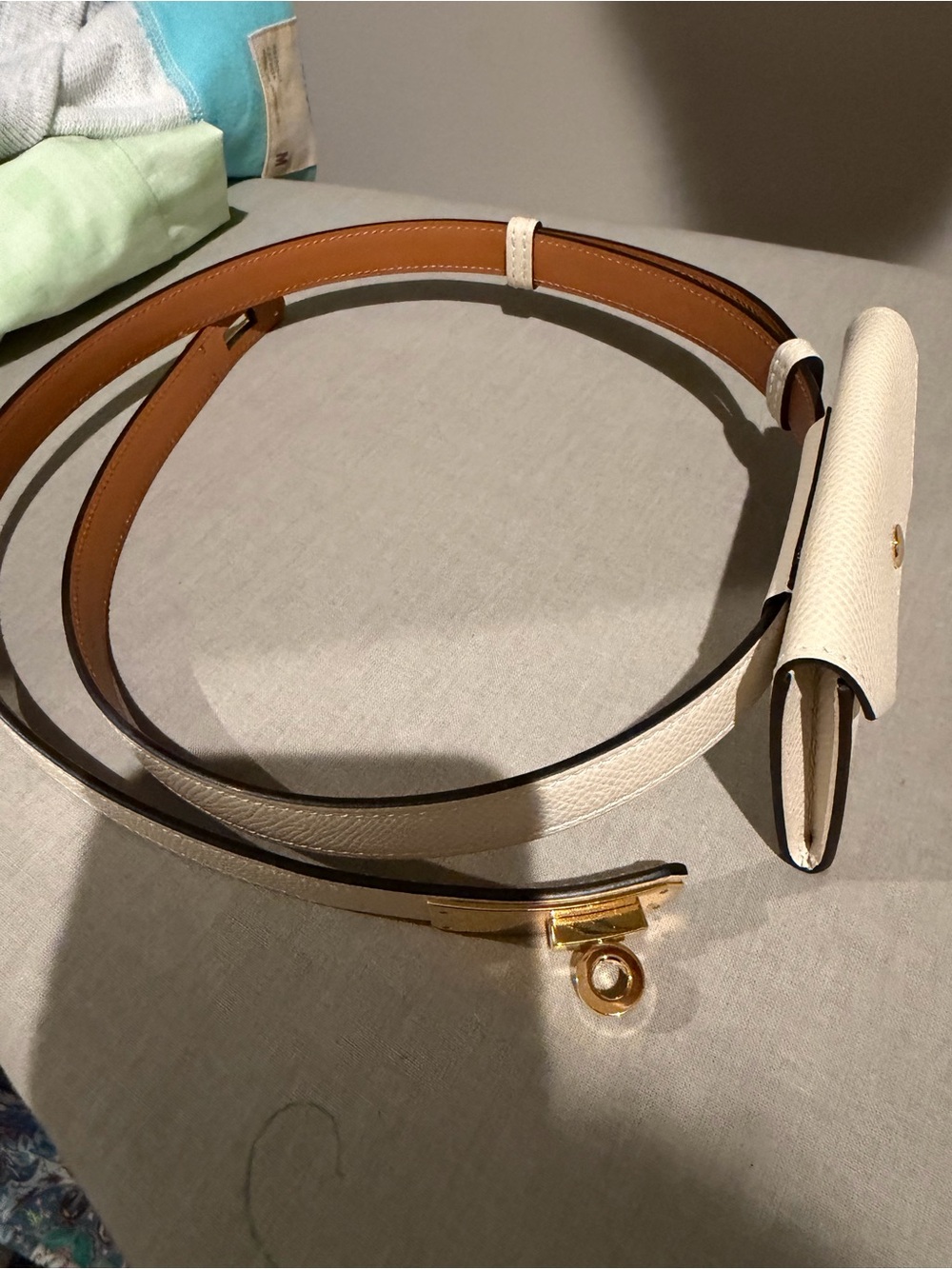 Hermes Cream and Brown Leather Belt with Gold Hardware
